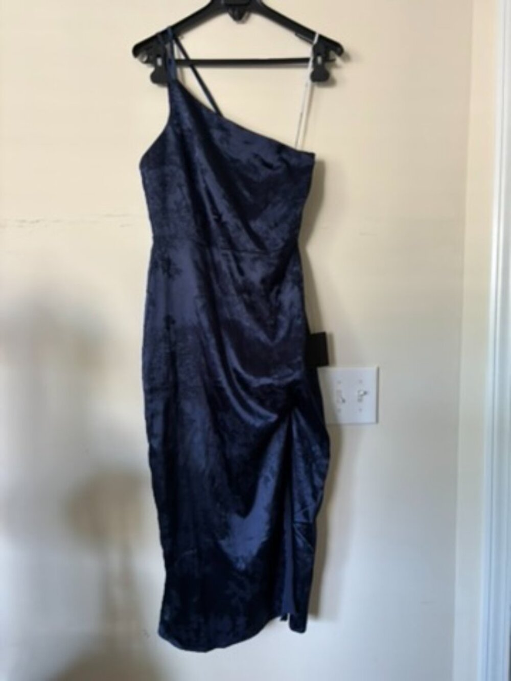 Lulus Desirable Dream Navy Blue Satin Jacquard Halter Neck Midi Dress - Size XS - Picture 7 of 10